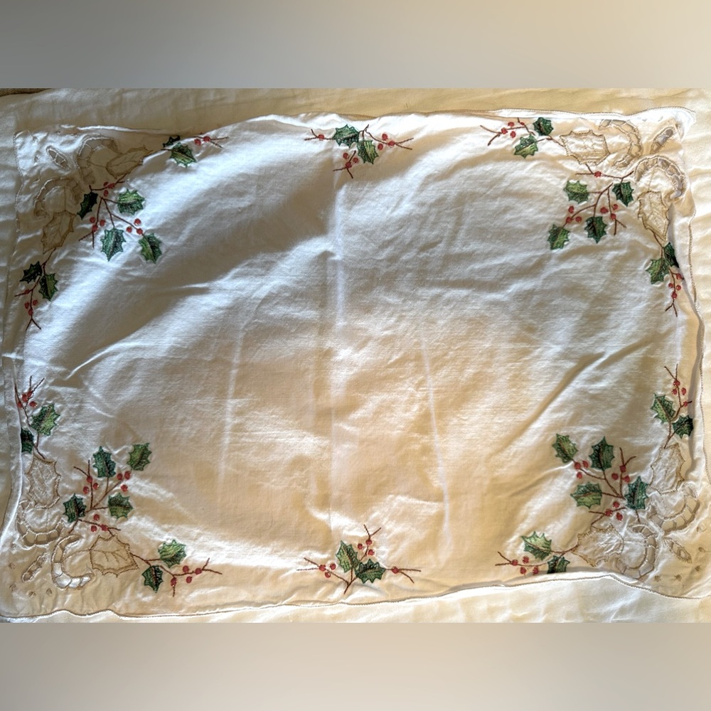 Vintage Lenox Christmas Embroidered Ecru Placemats with Holly Berries